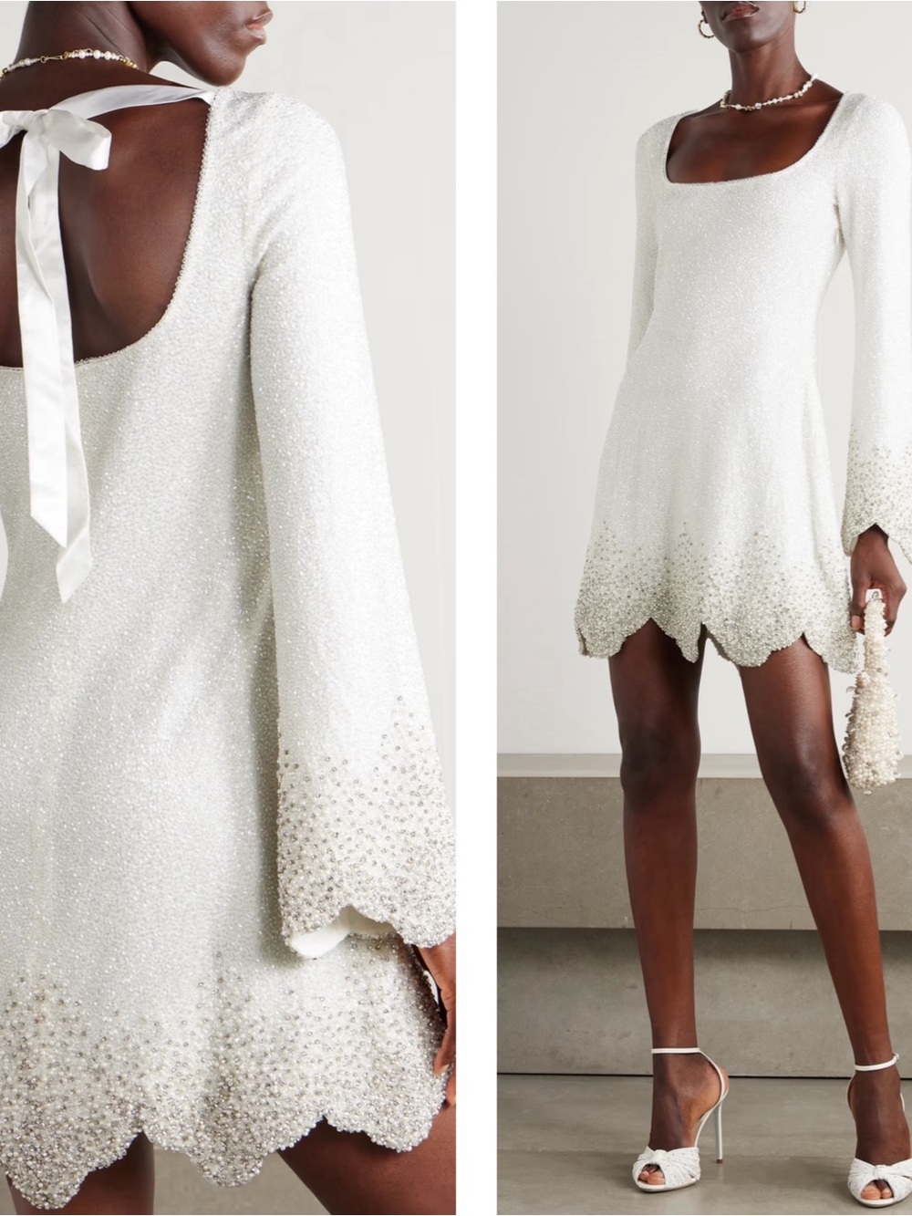 CLIO PEPPIATT Bridal Crystal Embellished Scalloped White Mini Dress Sz XL